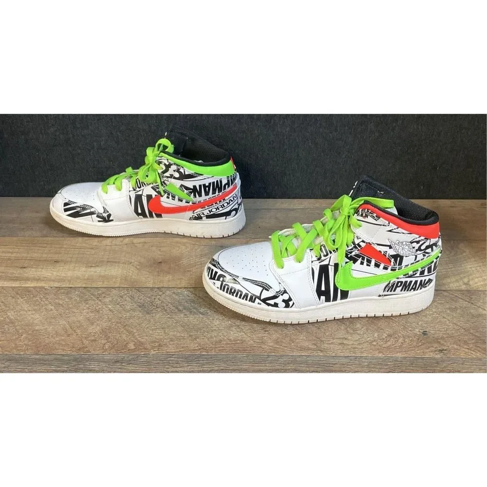 Nike Air Jordan 1 Mid GS Graphic Print White Volt Red Size 7Y 554725-143